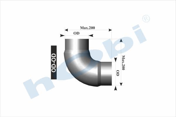 Boru, Universal Sac Dirsek, A:90° Ø50,8 L1:200 L2:200 Alusi OD1:Ø50 OD2:Ø50